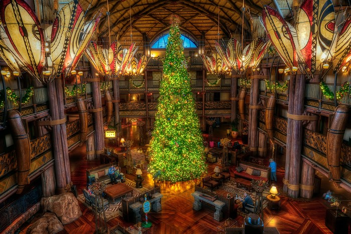 Christmas Tree in Hotel Lobby with African-inspired Decor