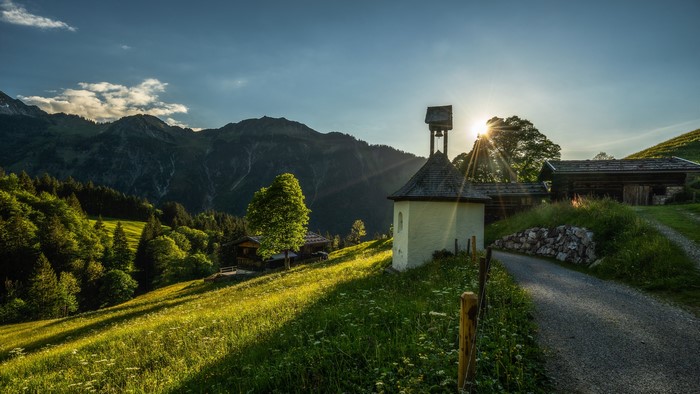 4K Germany Mountains Houses Grass Trees Rays of Light