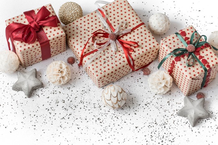 Christmas gifts with polka dot wrapping paper and decorations