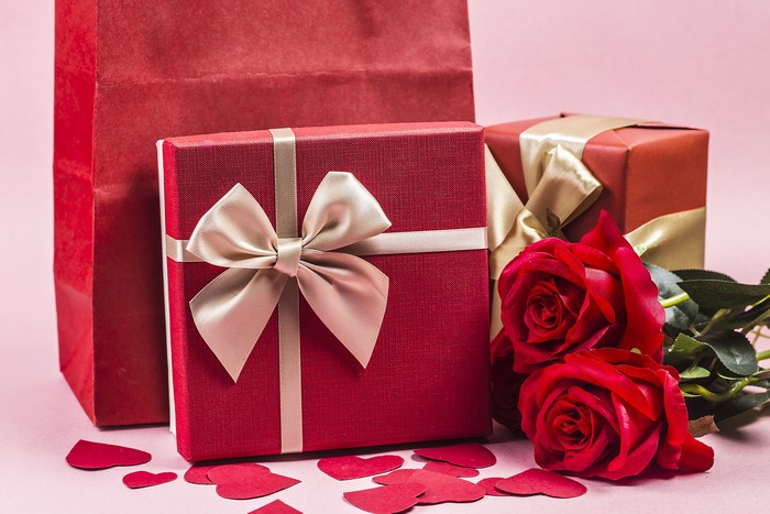 Valentine's Day Gifts with Red Roses and Hearts