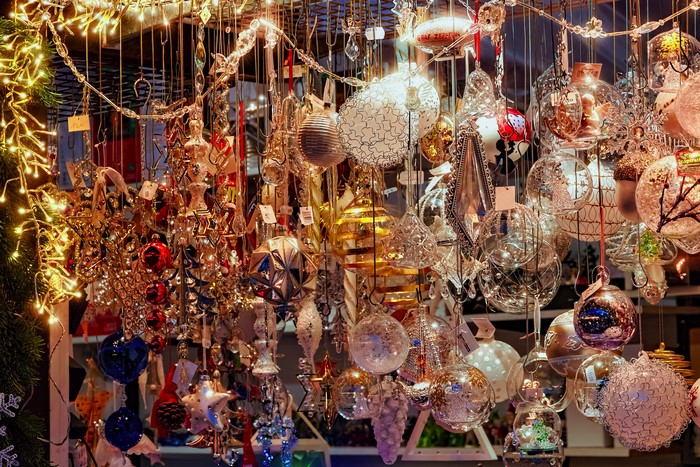 Christmas ornaments and fairy lights display