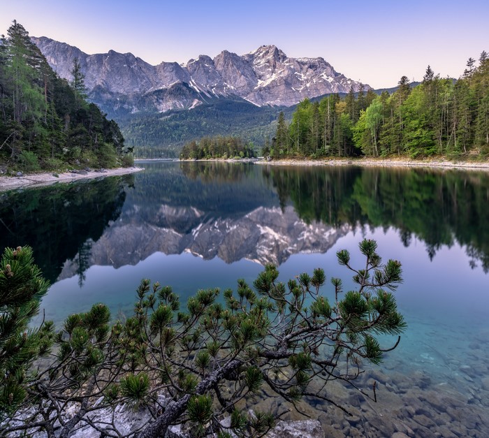 Mountains reflected in a lake in Upper Bavaria, Germany