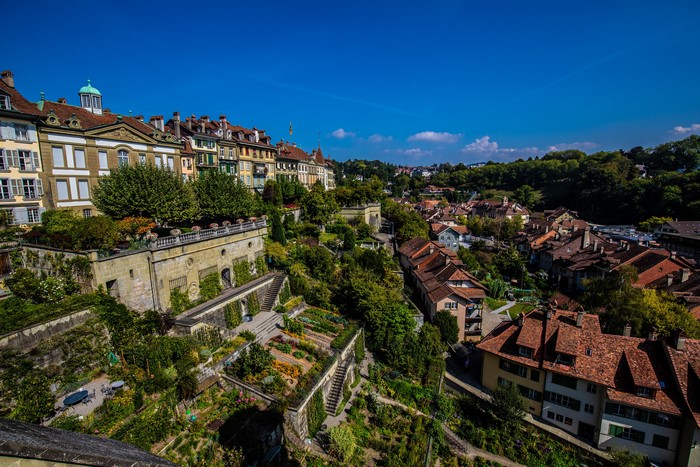 Bern, Switzerland cityscape with houses and gardens