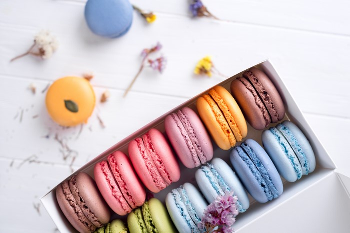 Assortment of colorful macarons in a box