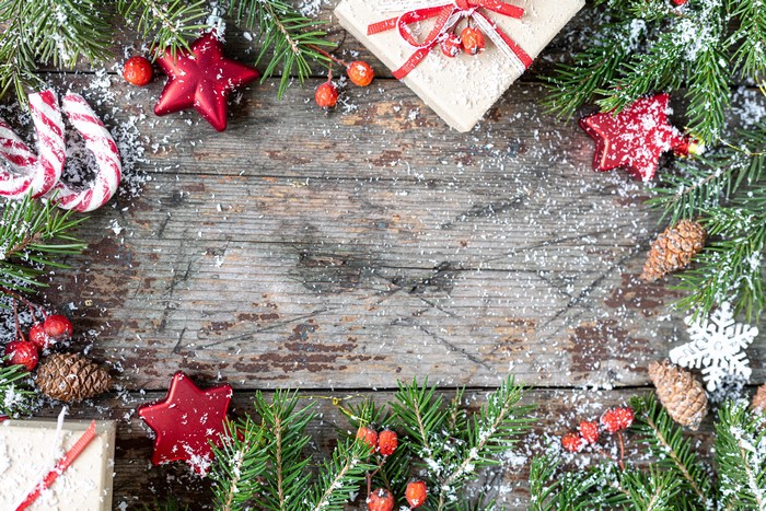 Christmas decorations on a wooden table
