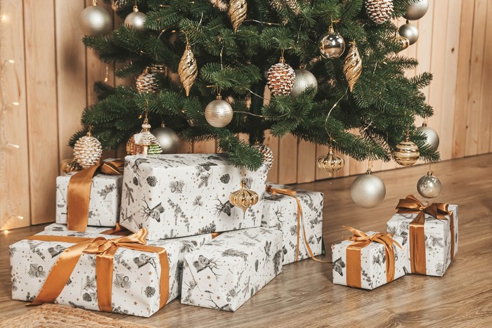 Christmas tree with ornaments and gifts