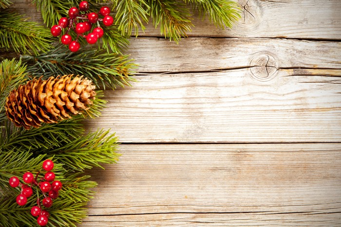 Christmas pine cone and berries on wood planks