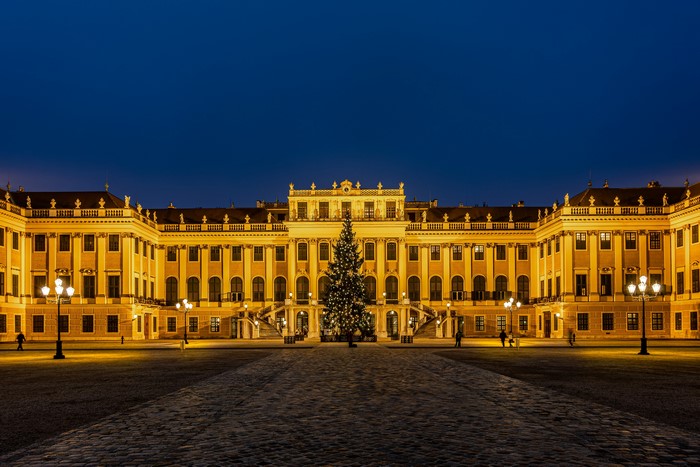 Schönbrunn Palace in Vienna at night with Christmas tree