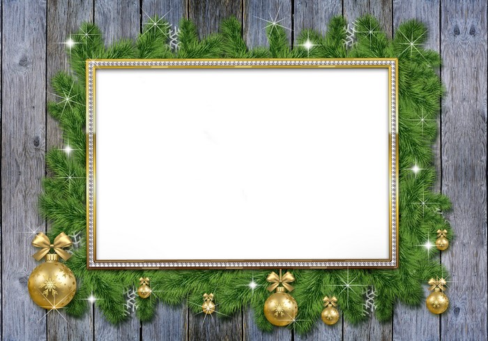 Christmas frame with fir branches and golden ornaments