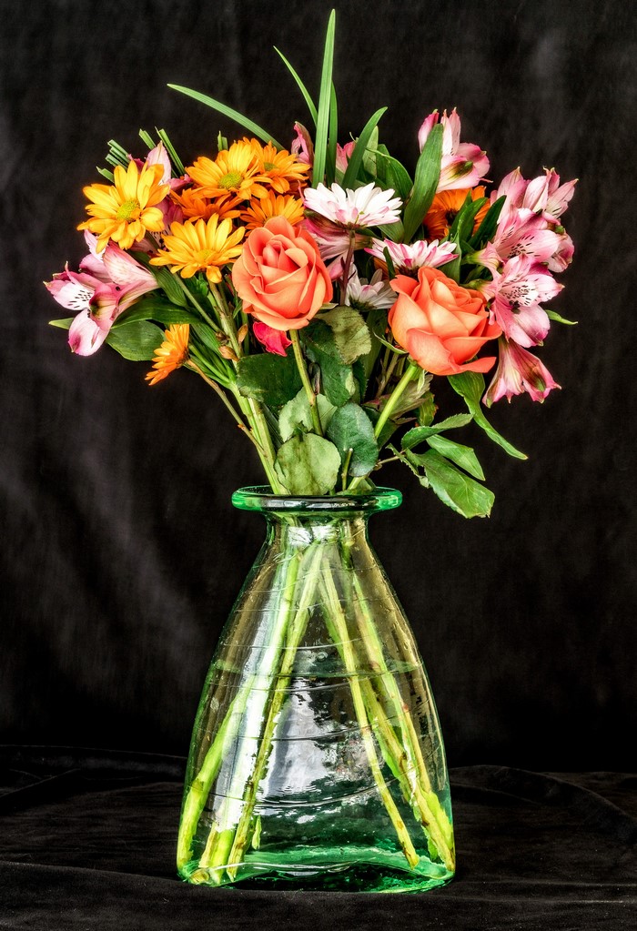Roses and Chrysanthemums in Green Vase