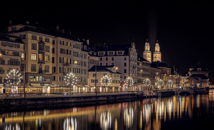 Zurich Switzerland Riverfront at Night with Fairy Lights