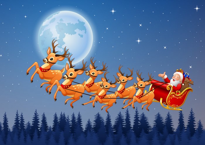Santa Claus Flying Sleigh with Reindeer in 4K