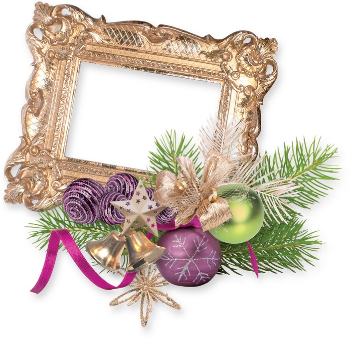 Ornate Gold Frame with Christmas Ornaments and Pine Branches