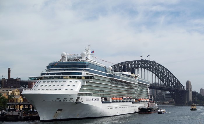 Celebrity Solstice cruise liner near Sydney Harbour Bridge