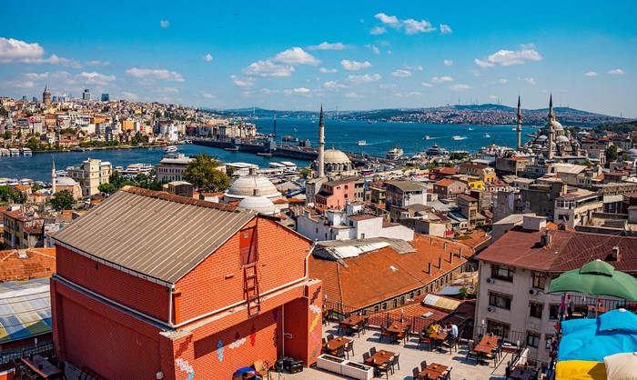 Istanbul cityscape with mosques and Bosphorus strait