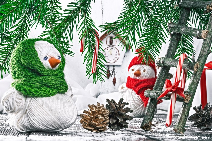 Christmas Snowmen with Pine Cones and Candy Canes