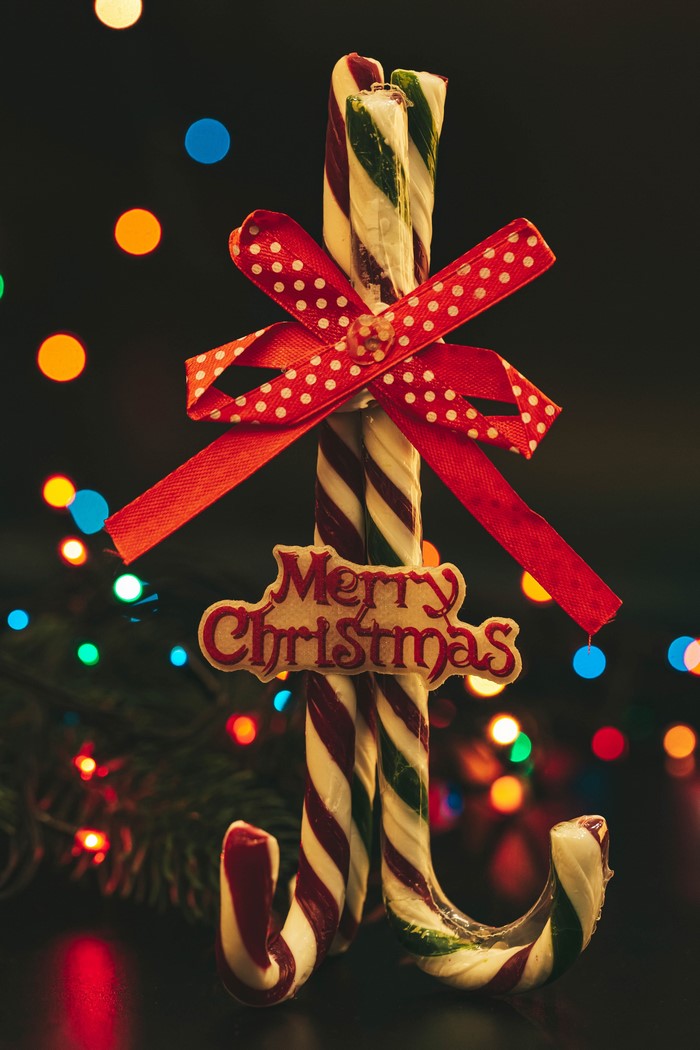 Christmas candy canes with red bow and Merry Christmas sign