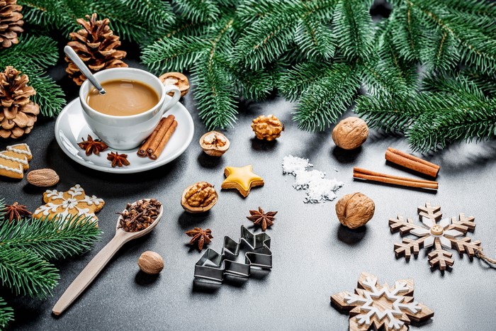 Christmas still life with hot chocolate and cookies