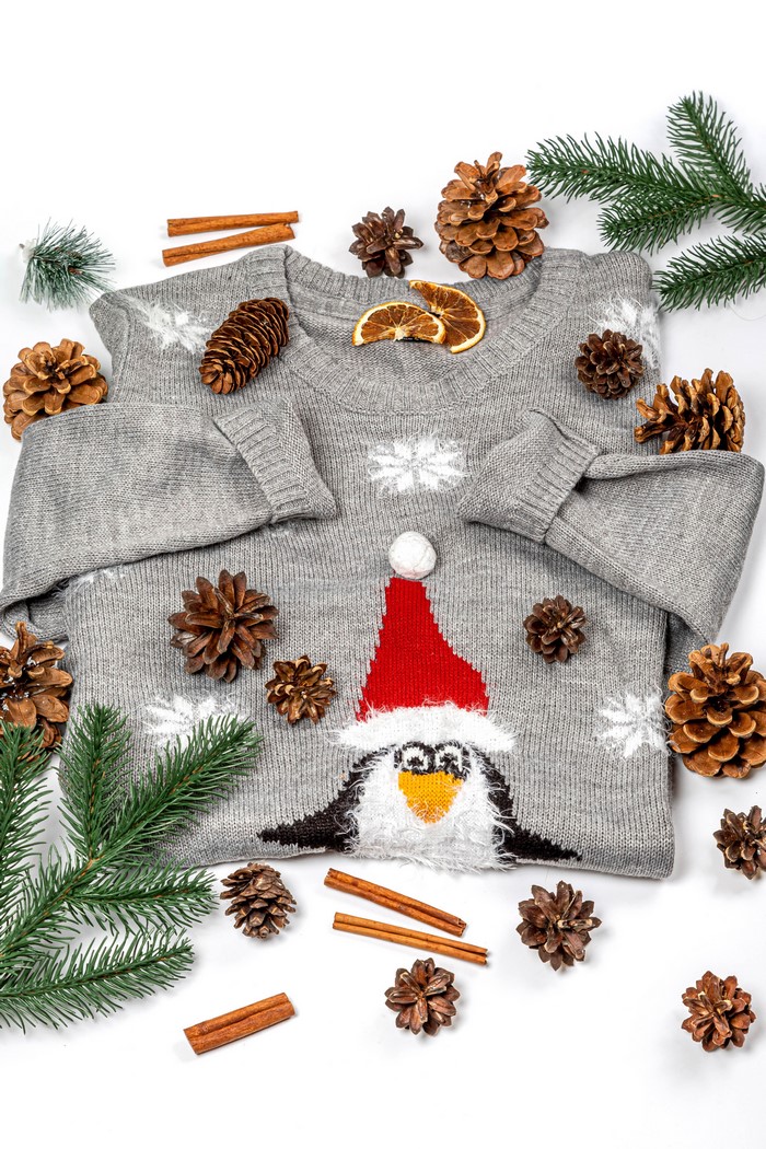 Christmas sweater with penguin, pine cones, and cinnamon sticks