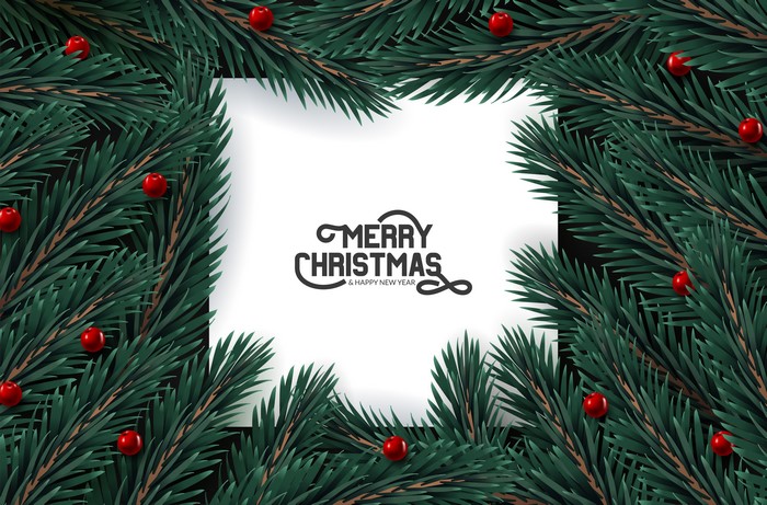 Christmas fir branches with red berries and text