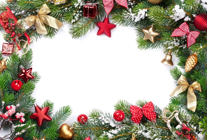Christmas decoration frame with fir branches and ornaments
