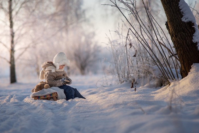 Boy on a sled in the snow