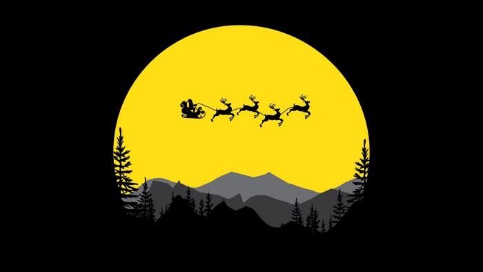 Santa Claus flying with reindeer over mountains
