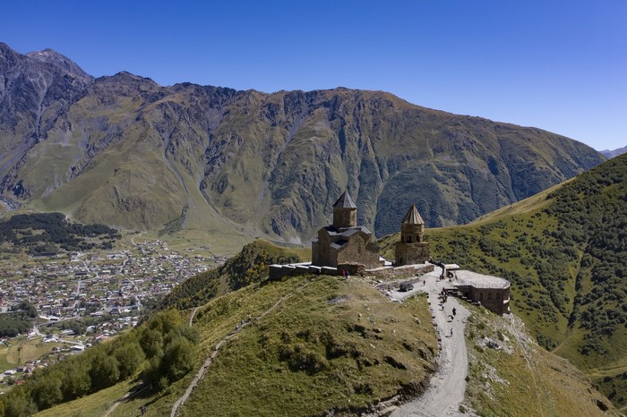 Gergeti Trinity Church in Georgia mountains