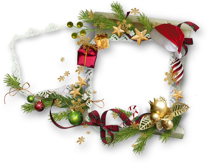 Christmas frame with ornaments, pine branches, and gifts