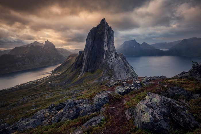 4K Senja Norway Mountains Crag Clouds