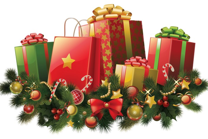 Christmas gifts with pine branches and ornaments