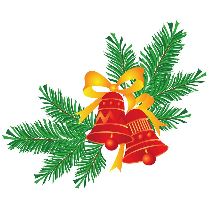 Christmas bells with pine branches and ribbon