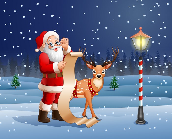 Santa Claus and Deer with a List in Snow