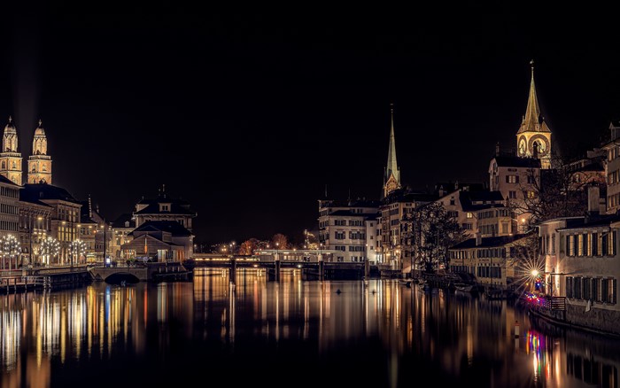 Zurich at Night with River and Churches