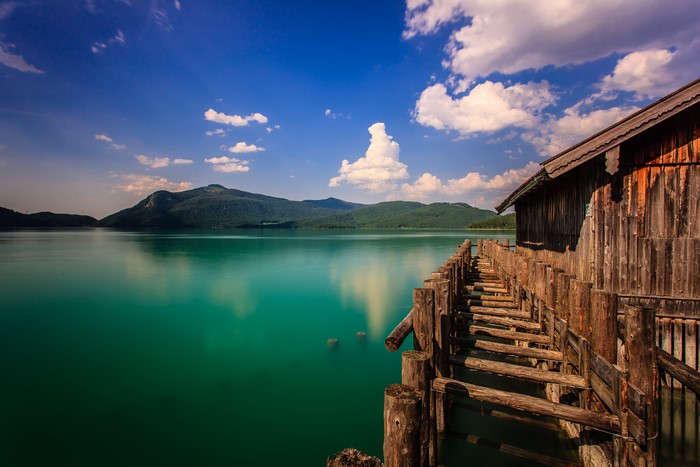 4K Walchensee Boathouse Germany Mountains Lake Bavaria