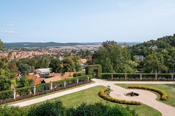 Park in Blankenburg (Harz), Germany with town view
