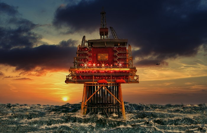 Shell/Esso North Cormorant oil platform at sunset