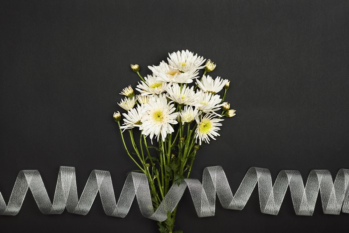 White Chrysanthemums with Silver Ribbon on Gray Background