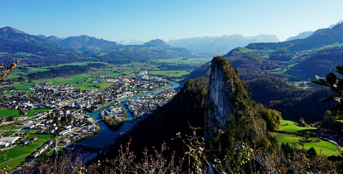 Austria Alps Valley with River and Mountains from Above