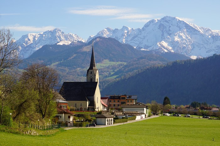Church and Mountains in Hallein, Austria