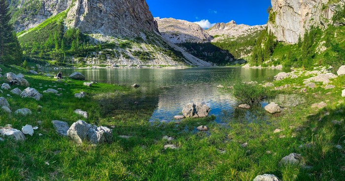 Krn Lake with Mountains and Rocks in Slovenia