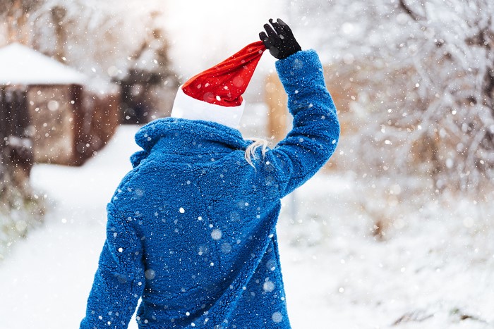 Person in a blue fur coat and Santa hat in snow
