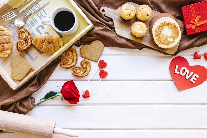 Valentine's Day breakfast with coffee and pastries