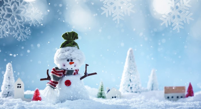 Snowman with Christmas village and snowflakes