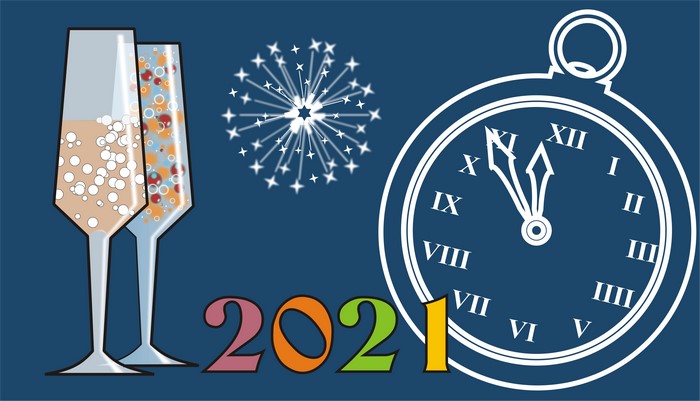 New Year's Eve 2021 Celebration with Champagne and Clock