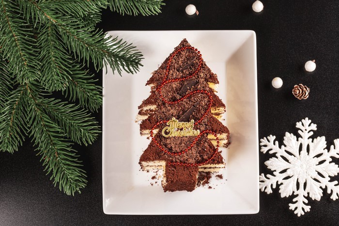 Christmas tree cake with decorations