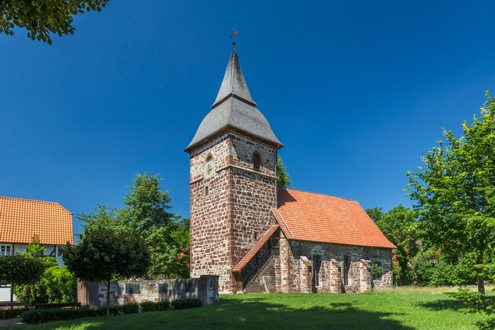 Church tower and building in Ehringen, Germany