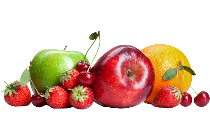 Apples, Strawberry, Cherry, and Orange fruit on white background