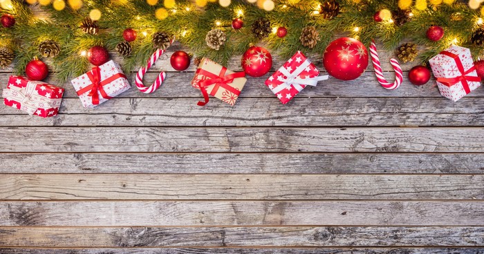 Christmas Gifts and Ornaments on Wood Planks