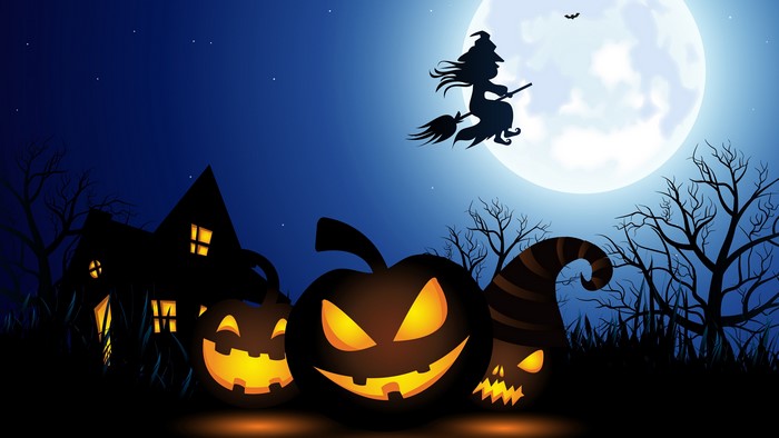 Halloween night with pumpkins, witch, and moon